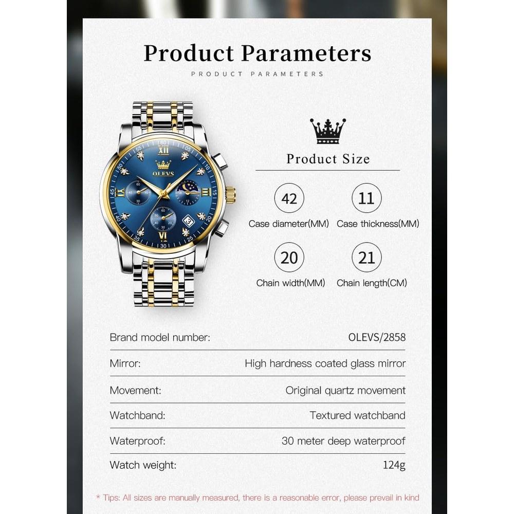 OLEVS Men's Luxury Large Face Quartz Stainless Steel Waterproof Watch Silver Gold Blue Dial Round Business Wristwatch