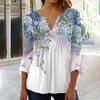 New Women Spring Floral Printing Puff Long Sleeve T-Shirts Loose Buuton V-Neck Plus Size Tee Shirt Tops Shirts Ans Blouses