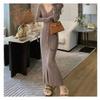 Elegant V-Neck Knit Midi Dress Women Slim Fit Long Sleeve Wrap Front Button Up Winter Office Wear
