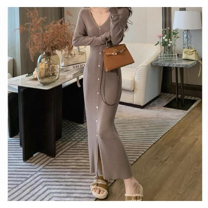 Elegant V-Neck Knit Midi Dress Women Slim Fit Long Sleeve Wrap Front Button Up Winter Office Wear