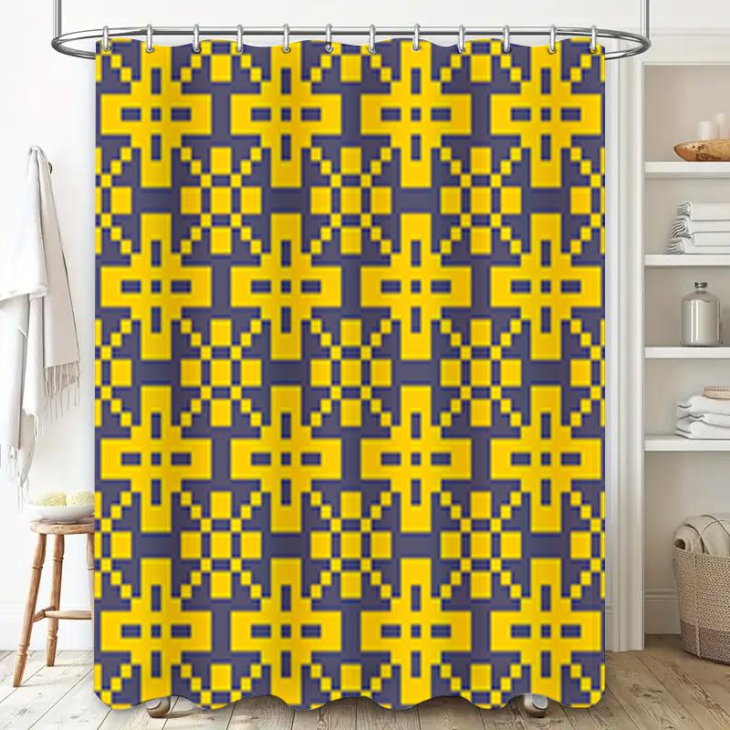 Modern Style Bath Shower Curtain With Blue Yellow Geometric Pattern For Home Decor 72X84 Inches