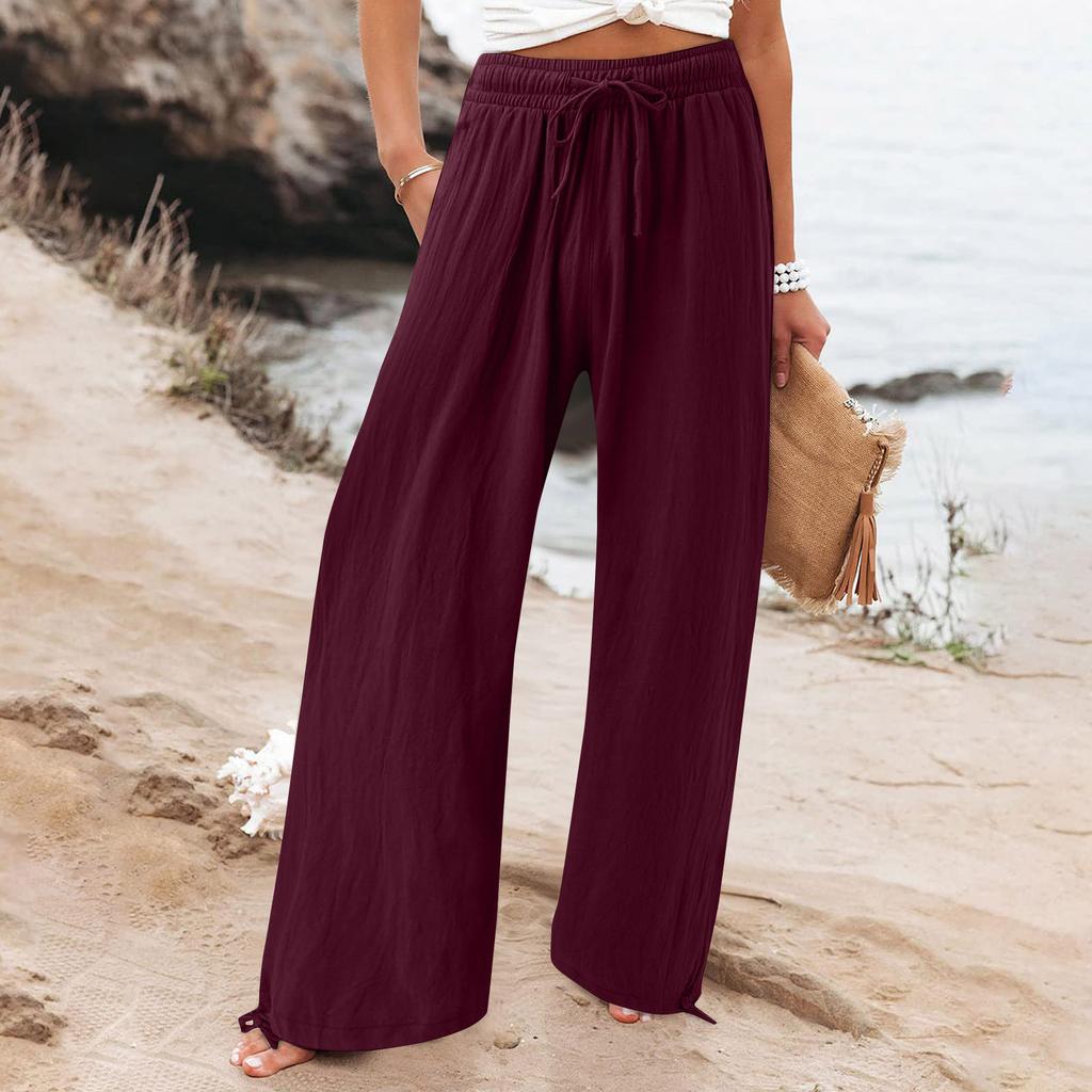 Women's Casual Fashion Color Elastic Waistband Pocket Wide-Leg Straight-Leg Pants