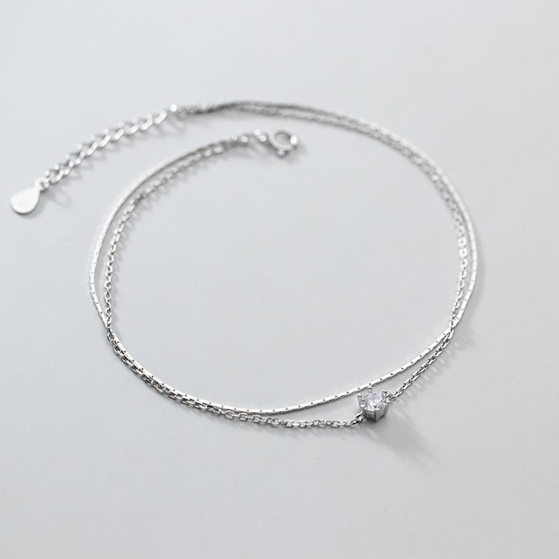 Fashion Simple 925 Sterling Silver Single Zircon Double Layer Chain Anklet Foot Jewelry for Women Girls