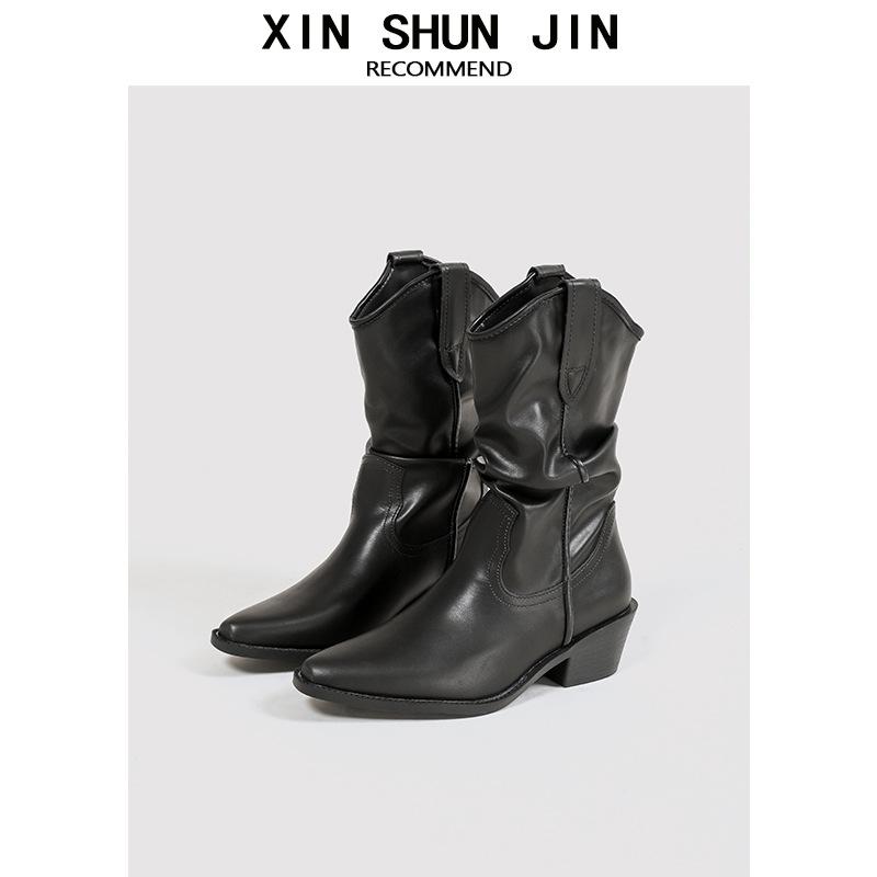 Pointed thin short boots Martin boots women's new autumn and winter retro thick heel knight boots pleated western pile boots
