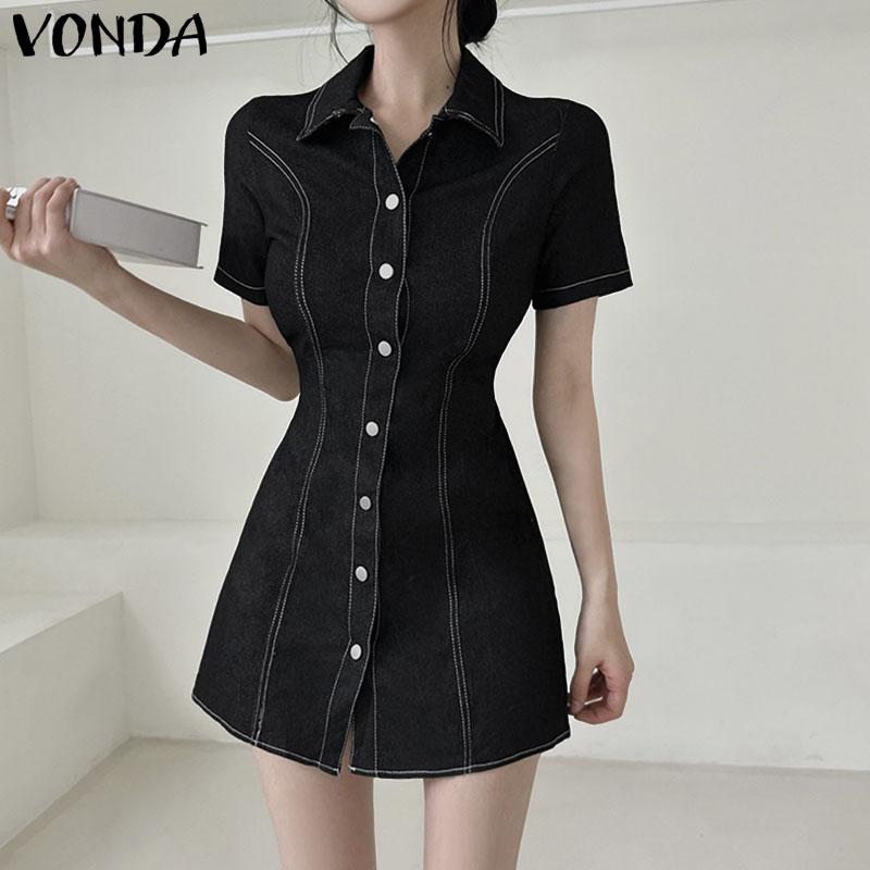 VONDA Women Elegant Short Sleeve Stitching Buttons Up Casual Mini Dress