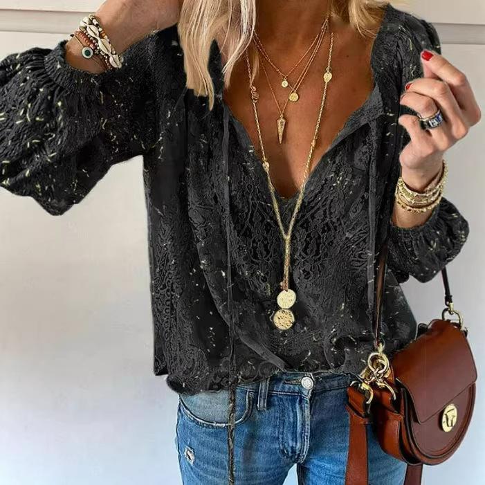 women's Lace Patchwork V Neck Long Sleeve Blouse Loose Fit Casual Commuter Top Shirt