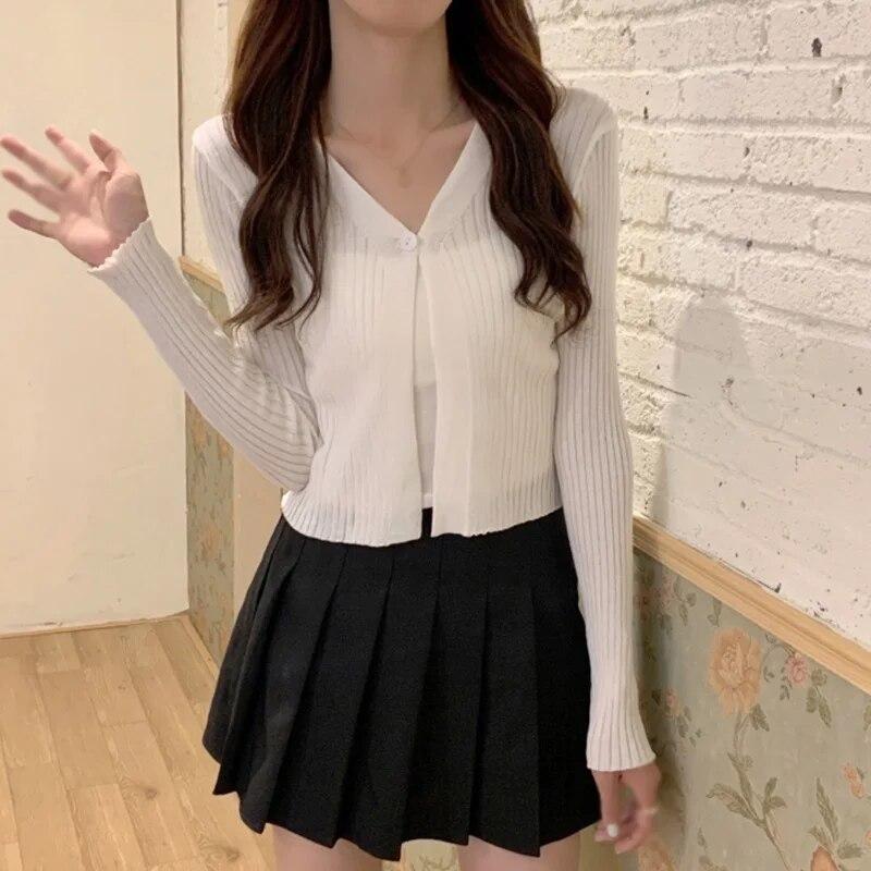 Dámské jednobarevné zapínání na knoflíky s dlouhými rukávy, dámský pletený kardigan