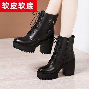Autumn and winter new women's leather boots high heel thick heel short boots women's fashion thick heel waterproof table small women's Martin boots