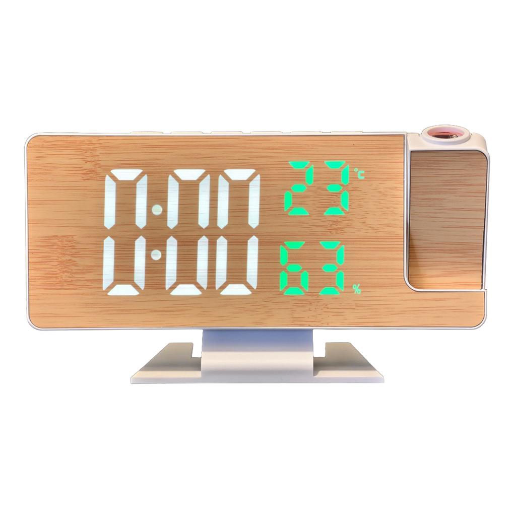 Large Display Wood Pattern LED Alarm Clock with Rotating Projectors And Temperature Humidity Display Snooze Function