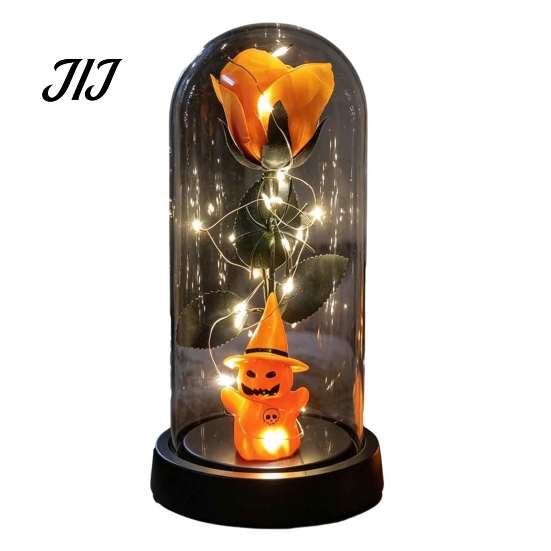 Romantic Spooky Festival Gift Halloween Indoor Light Up Rose in Plastic Dome Cloche, Artificial Preserved Flower Shadow Night with Spider Pumpkin