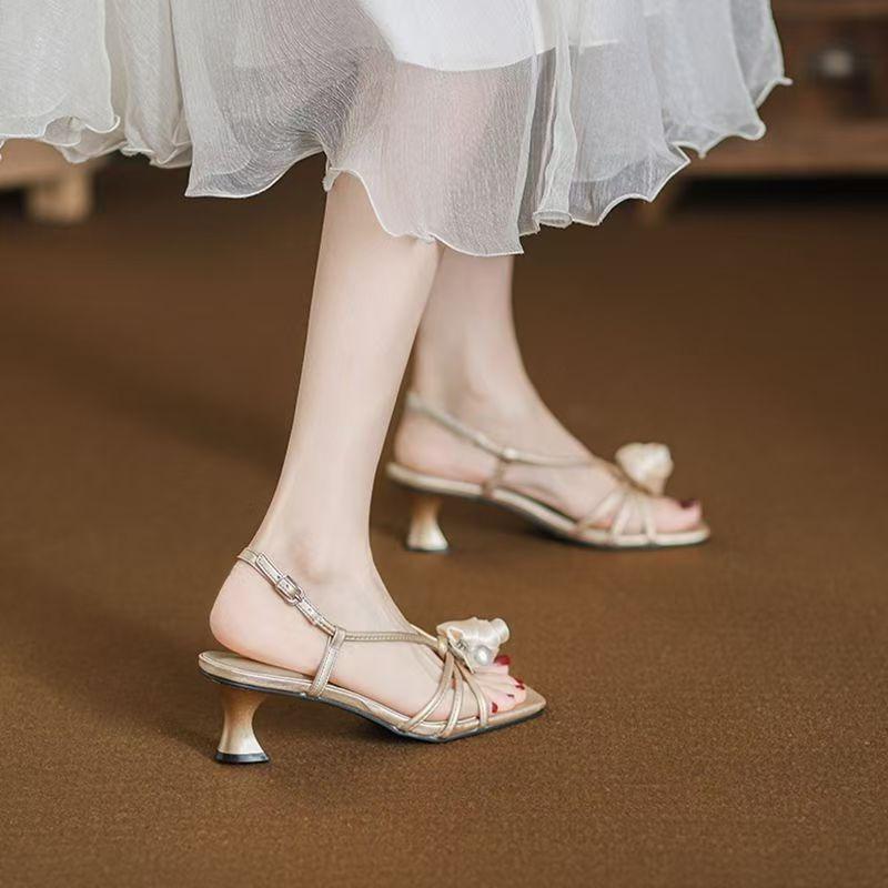 Pearl sandals women's summer new models with skirts gentle wind evening shoes thick heels not tired feet high heels