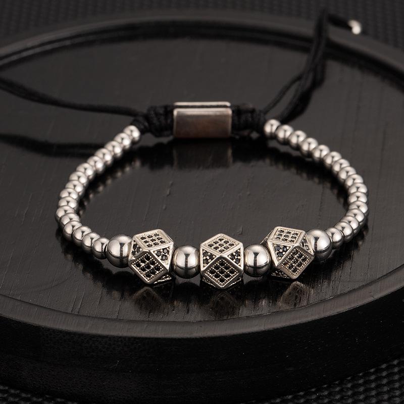 Men's Adjustable Braided Hip Hop Bracelet with Retro Copper Crown, Pineapple Beads, and Vacuum-Plated Titanium Steel.
