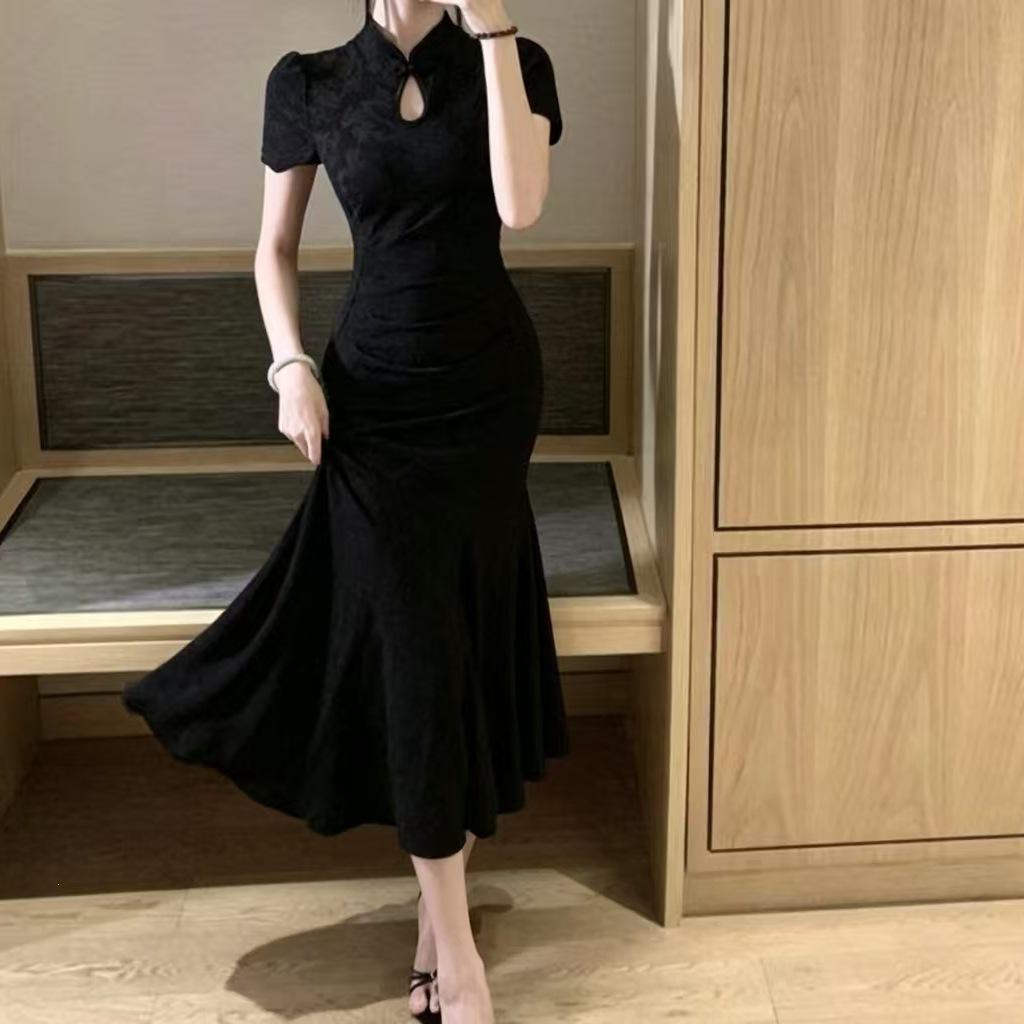 Black New Chinese Dress Women's Summer New Waist and Thin Temperament Beautiful Elastic Improved Cheongsam Women