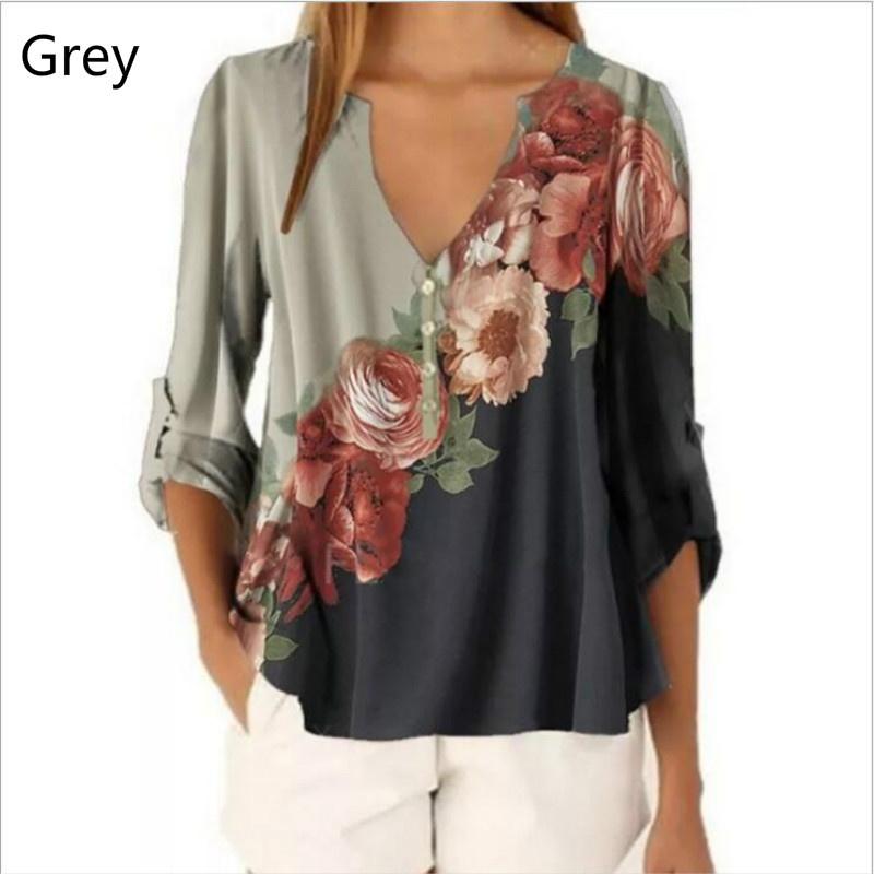 Women's V-neck Floral Print Shirt Top Chiffon Shirt