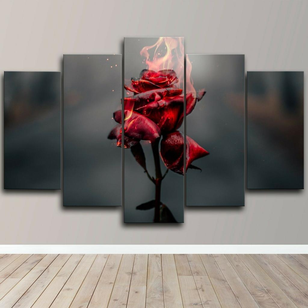 5Pcs Red Rose Flower Fire Artistic Beauty 5 Piece Canvas Wall Art Print Home Decor Paintings Poster HD Print Abstract 5 Pieces