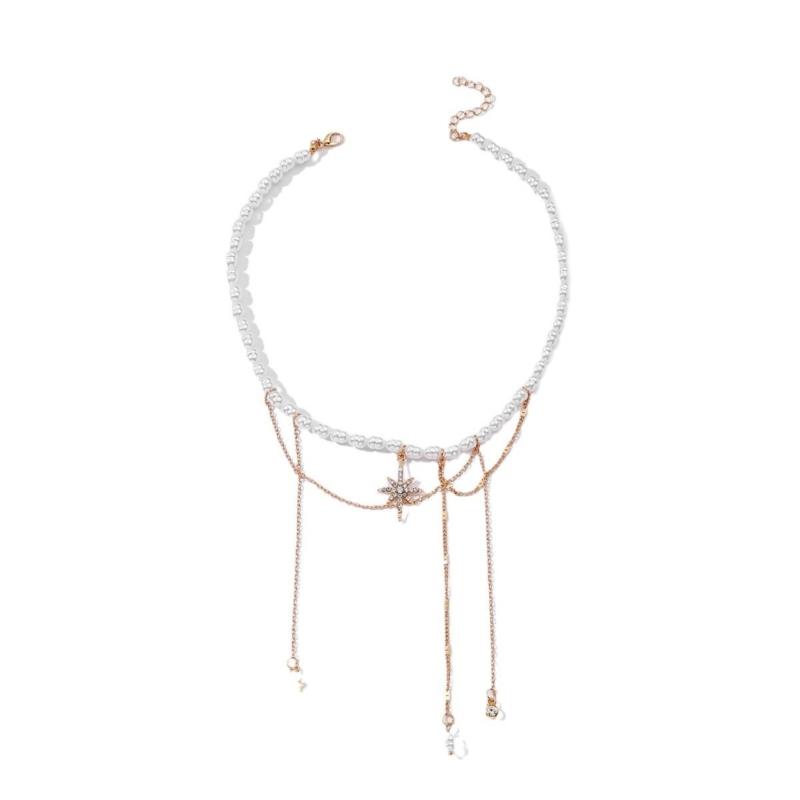 

Versatile Hexagram Pendant Necklace Adjustable Alloy Chain With Pearls Accent Tassels Embellishment Stylish Jewelry 1