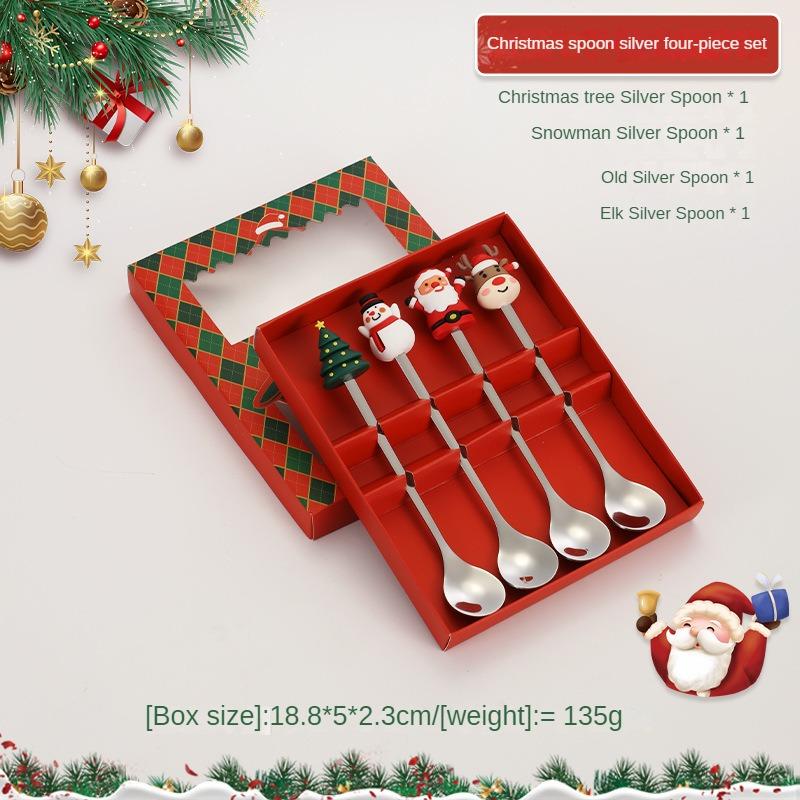 Christmas Cutlery Gift Set Stainless Steel Spoon Home Gift Spoon Set Gift Box Santa Claus Reindeer Coffee Spoon Dessert Spoon