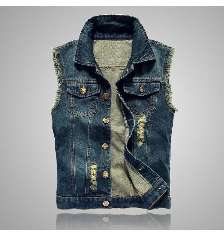 Summer Mens Ripped Denim Vest Male Tank Top Washed Jeans Waistcoat Man Retro Cowboy Hip Hop Sleeveless Jacket for Men