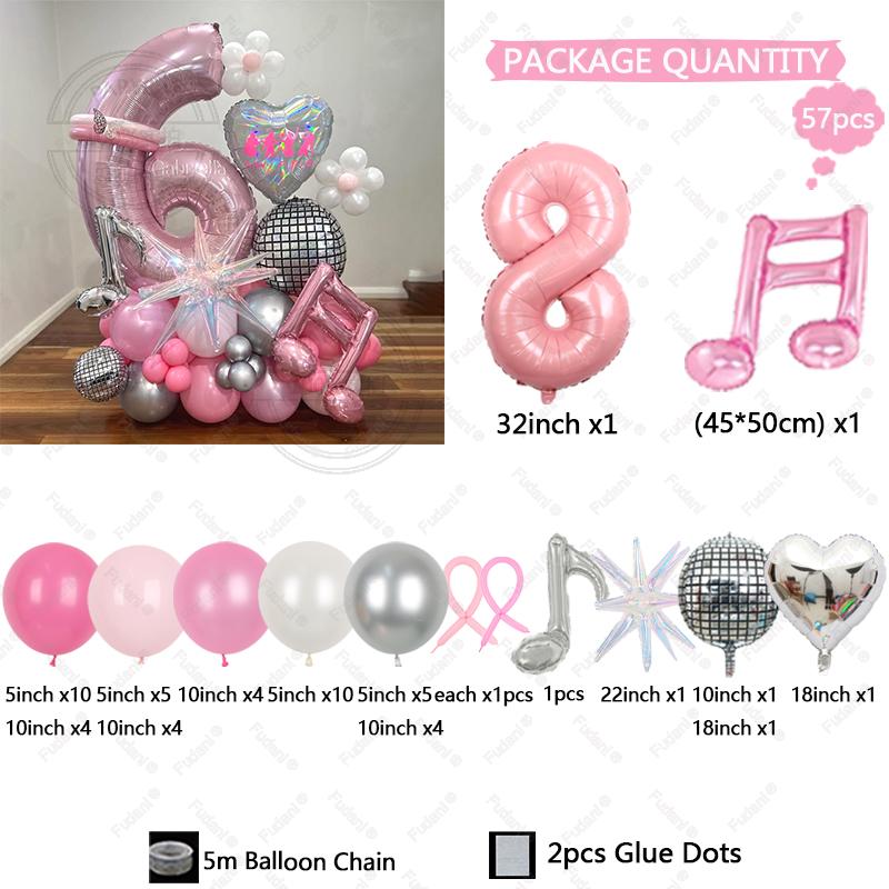57pcs Slivery Heart Disco Balloon Silver Number Birthday Balloon Set Pink Music Note Children Adult Festive Party Decorations