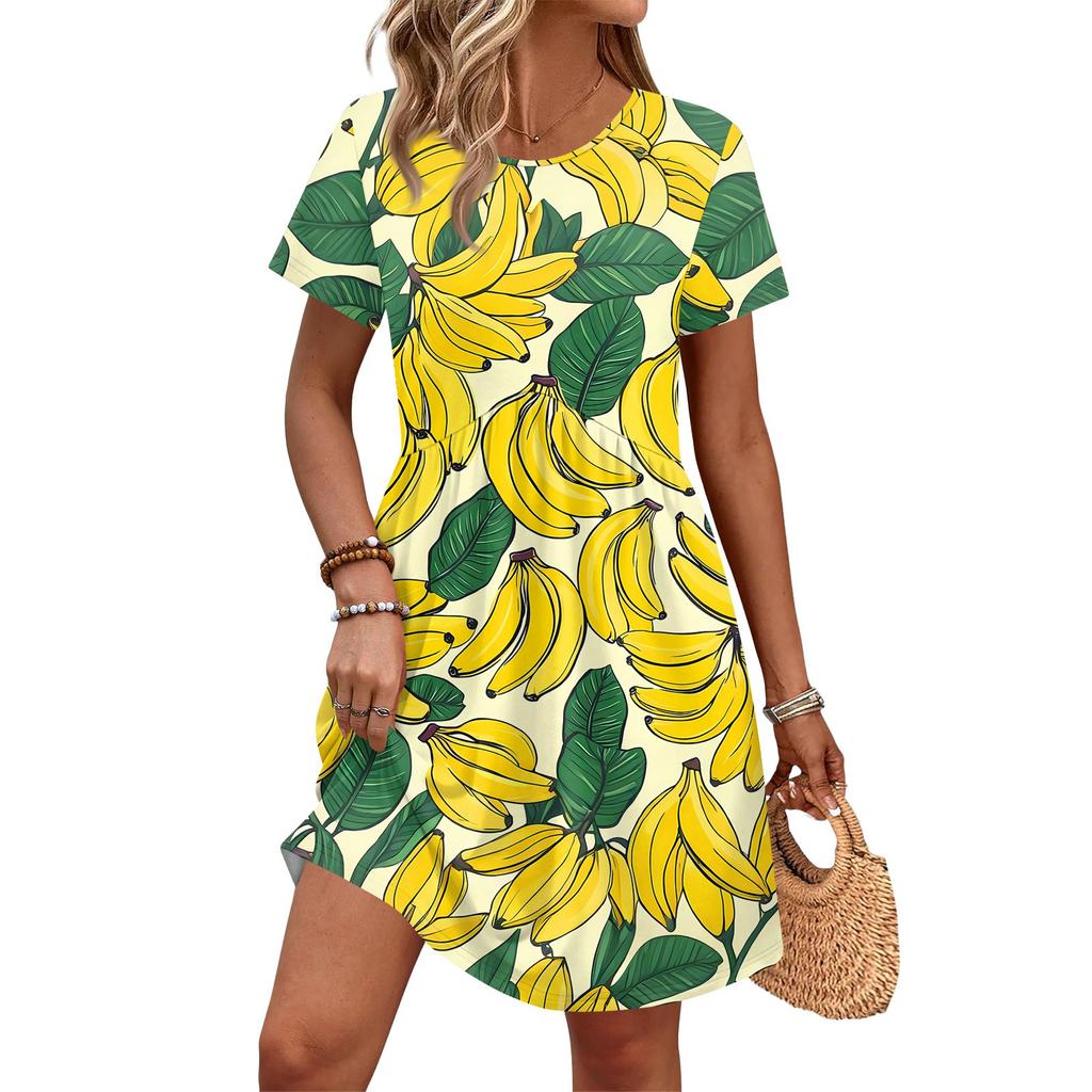 Dresses For Women Short Sleeve Print Round Neck Casual Dresses Waist Dress With Pockets