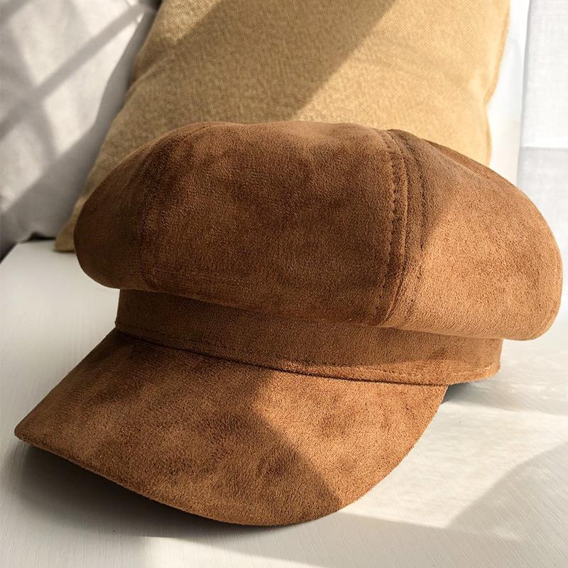 Hat Women's Autumn and Winter New Korean Version Solid Color Suede Octagonal Hat Men's Trendy British Retro Outdoor Newsboy Painter Hat
