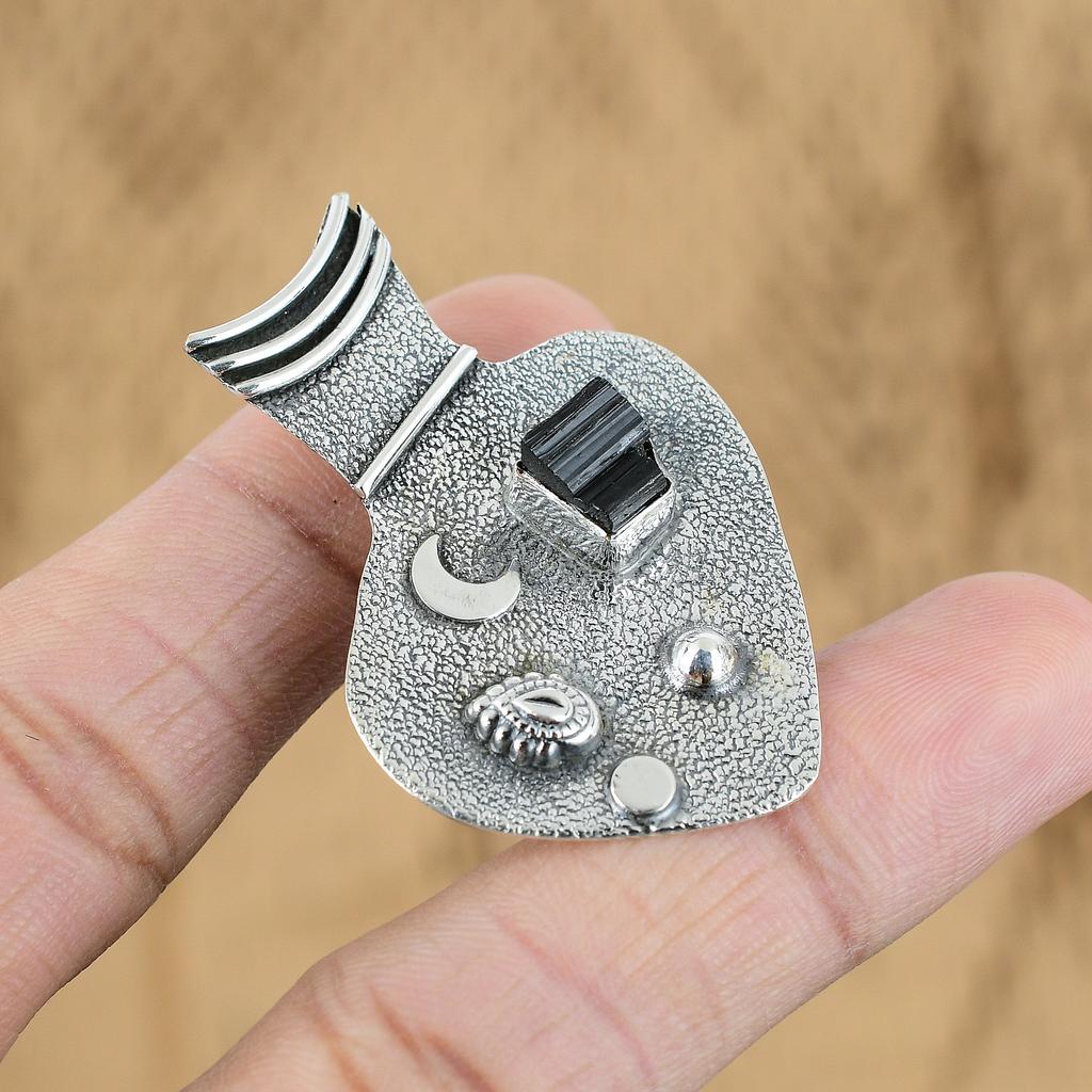 925 Sterling Silver Radiant Black Tourmaline Rough Stone Birthday New Pendant