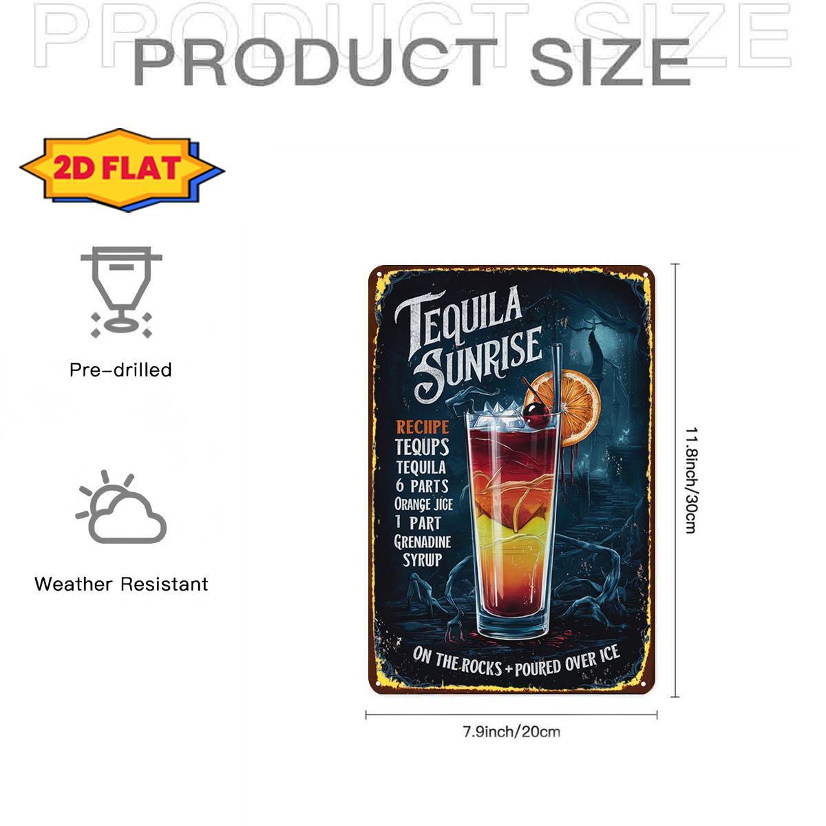 Retro Tequila Sunrise Cocktail Metal Sign PreDrilled Holes Indoor Outdoor Home Bar Wall Decor 20x30cm(7.8x11.8inch)