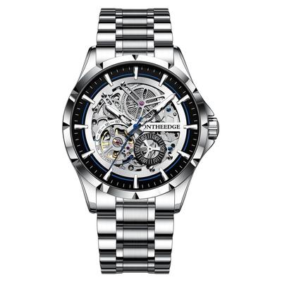 R ONTHEEDGE Men's Automatic Tourbillon Skeleton Dial Watch 30M Water Resistant Luminous Hands Stainless Steel Band Butterfly Clasp Silver Black