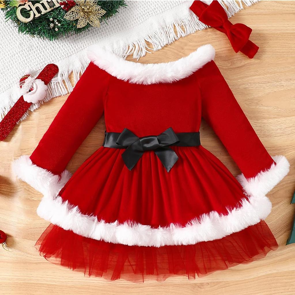 VNGOLERRY Santa Dress with Christmas Santa Claus Perfect for and Sizes and 110 Children's Headband, 2-Piece Set, Outfit, Fur-Covered, Girls' Dress,