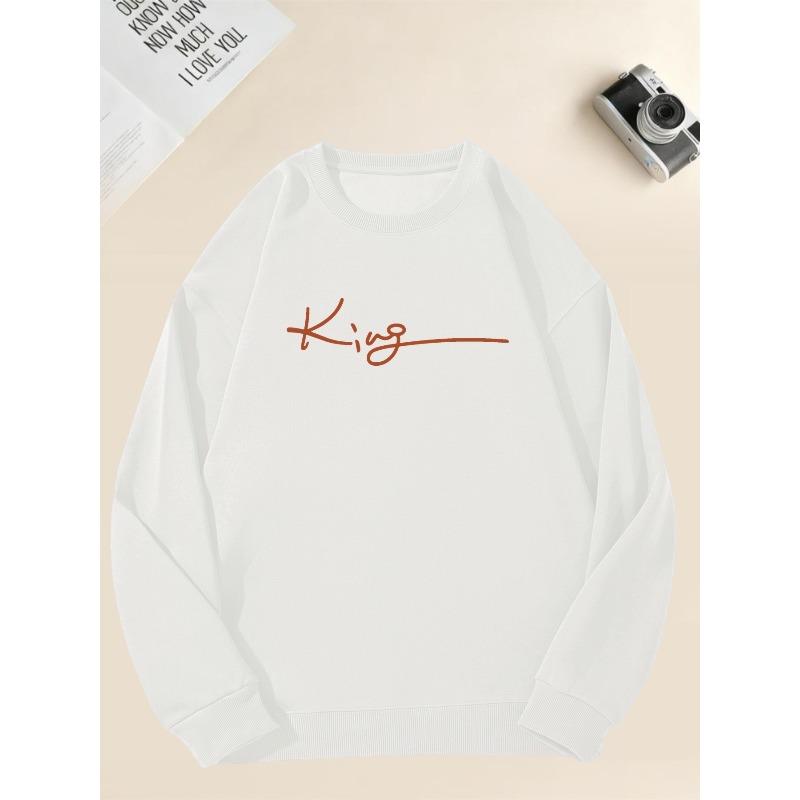 Men's Oversized White King Logo Sweatshirt Round Neck Pullover, Casual Loose Fit Sweater for Casual Attire, Lounge & Parties, Machine Washable