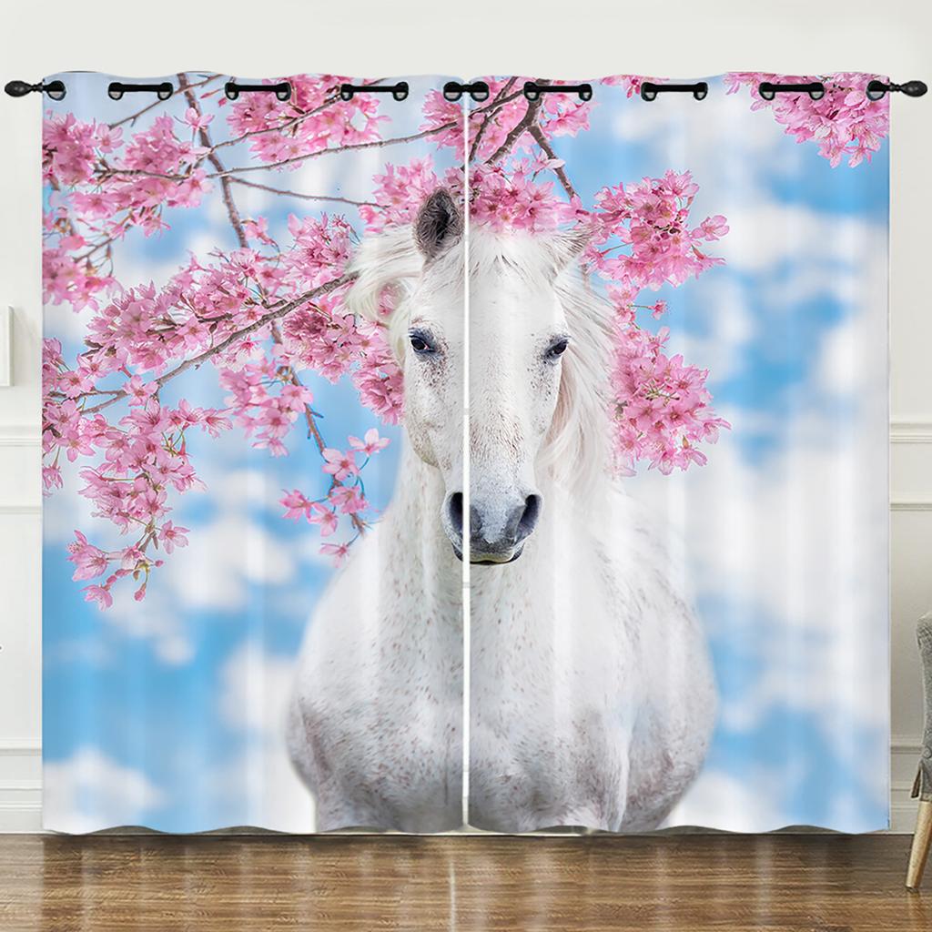 Curtain Flower Peach Blossom Animal Horse 3D Digital Printing Blackout Curtain Punching