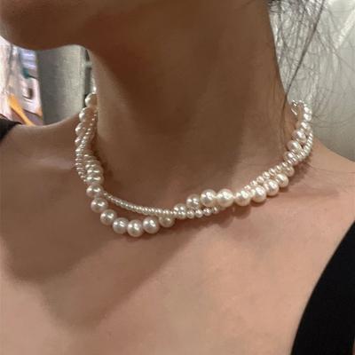 C080 Vintage Double Layer Pearl Necklace High-end Elegant Wrap Collarbone Chain Niche Design Versatile Choker
