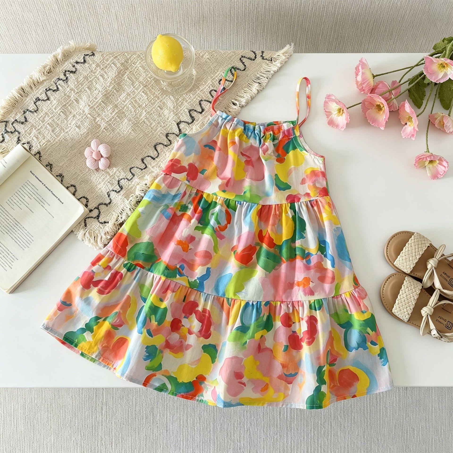 Summer Girls Beach Vacation Strap Dress Kids Clothing 100cm