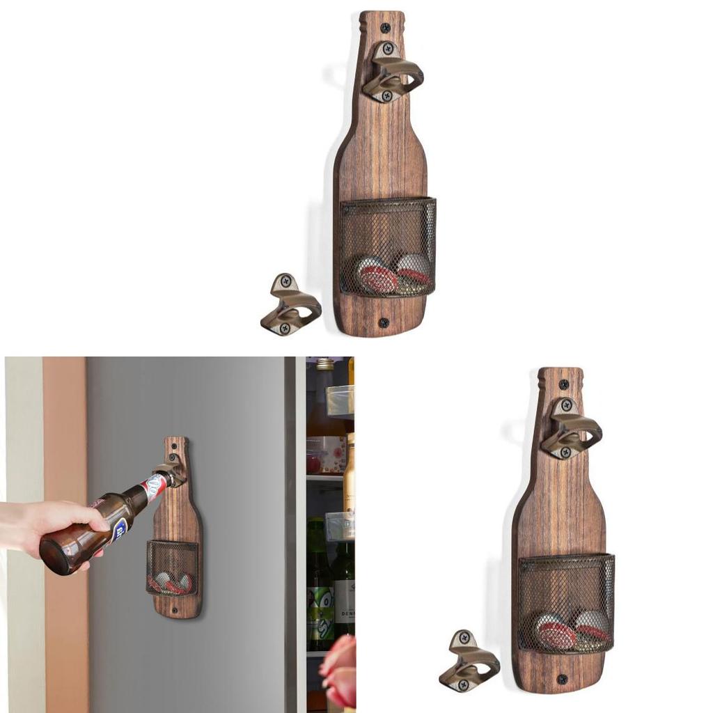 Wooden Wall Mounted Beer Opener With Cap Catcher For Bar Kitchen Decor