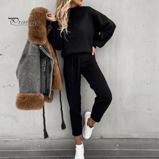 Solid Color 2 Pcs/Set Women Tracksuit Loose Half Turtleneck Casual Elastic Waist Keep Warm Drawstring Sportwear Sweatshirt Sweatpants Suit