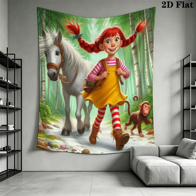 Pippi Longstocking Tapestry Cartoon Girl Horse Monkey Tree Wall Hanging Art Decor for Bedroom Living Room Home Backdrop