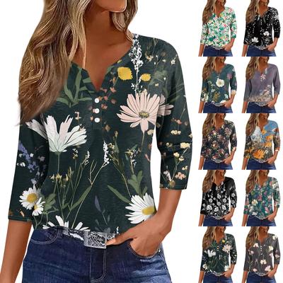Women's Fashion Casual Floral Print V-Neck Short Sleeve Decorative Button Three-quarter Sleeve T-Shirt Top