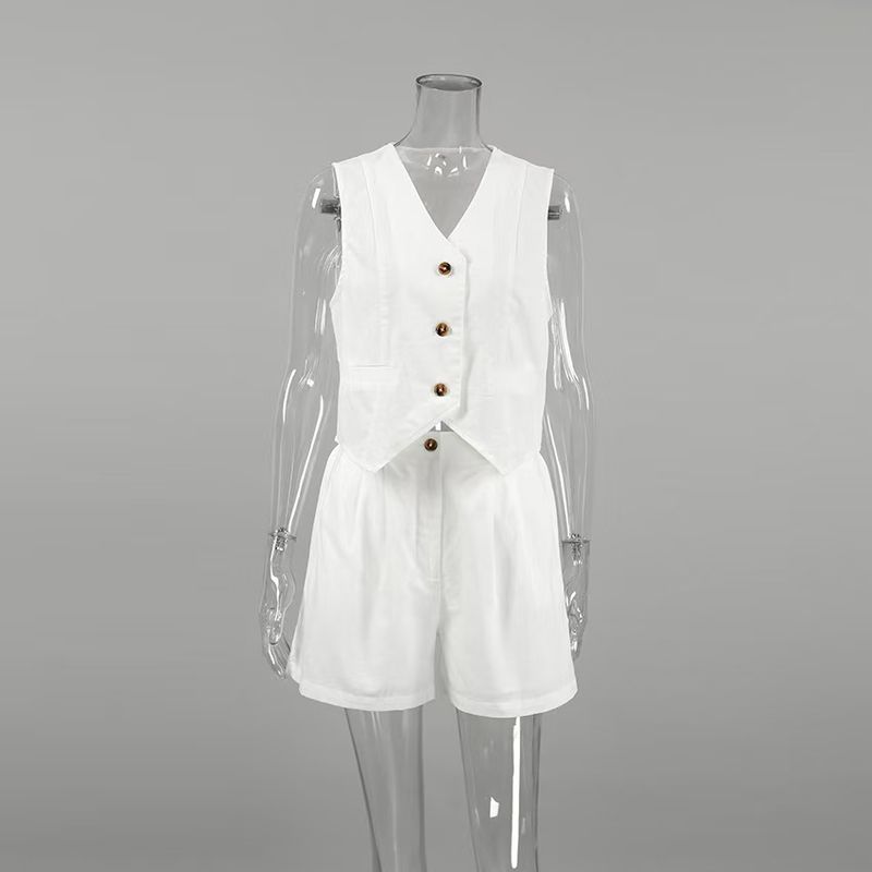 

Fashion Wind New Arrival Fashion Pure Color Sleeveless Waistcoat Vest Shorts Two-piece Set Vest and Shorts Set White S