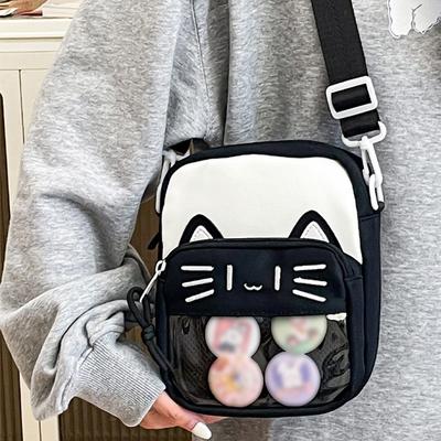 Cute Embroidered Cat Crossbody Bag Harajuku-style Trendy Transparent Bag Badge Phone Bag