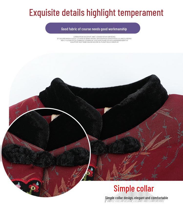 Elderly Women's Winter Cotton Jacket, Grandma’s Plus Velvet Thickened Tang Suit, Warm Stand Collar Outerwear for 70-Year-Olds