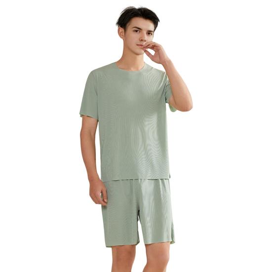 2Pcs/Set Men Pajamas Set O-Neck Short Sleeve T-shirt Elastic Waist Shorts Set Solid Color Home Clothing Suit