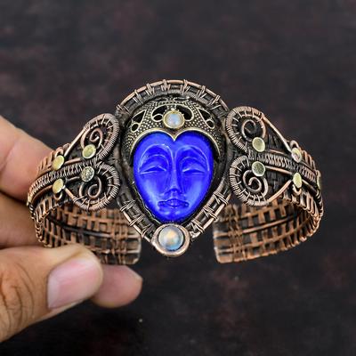 Bracelet Manchette Os Bleu Sculpté Visage Pierre de Lune Arc-en-ciel Manchette Cuivre Fil Enroulé Manchette Pierre Précieuse Bracelet Manchette Réglable Pour Cadeau Bijoux Faits Main