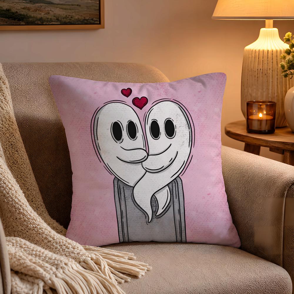 Anime Cute GGhost Couple Pillow Case Soft Plush Cushion Cover Double Print and Invisible Zipper for Sofa Home Car Use