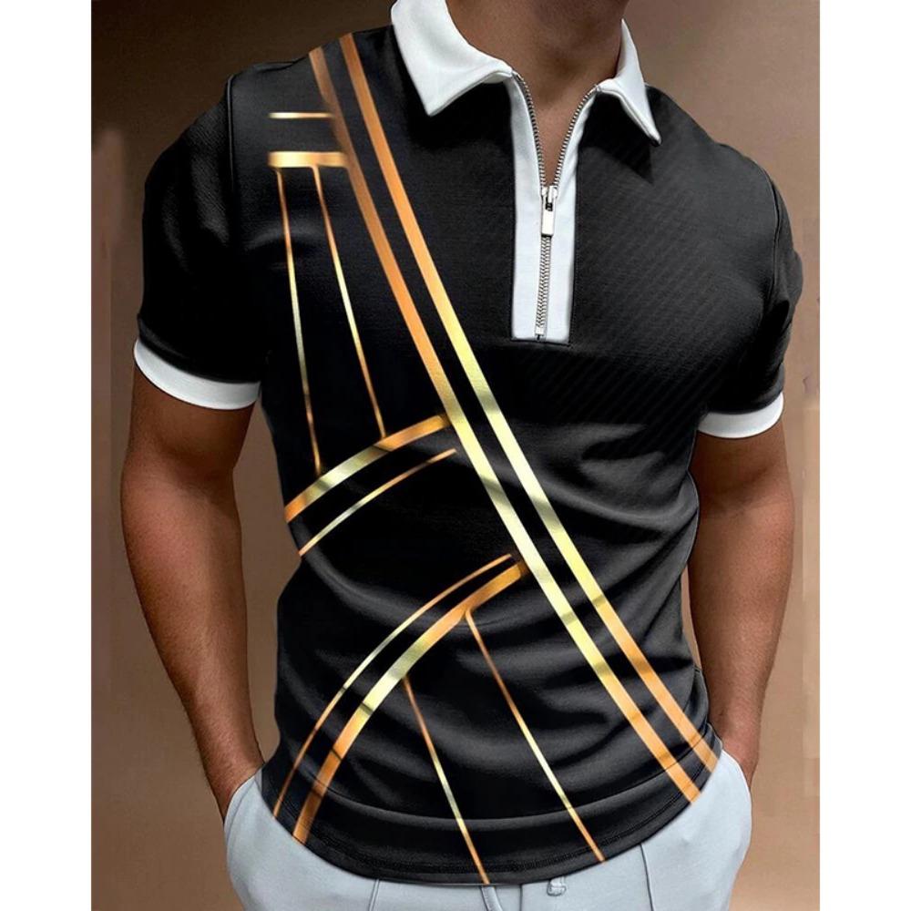Men's Polo Shirt Business Casual Collar Retro Short Sleeve Zipper Golf Top