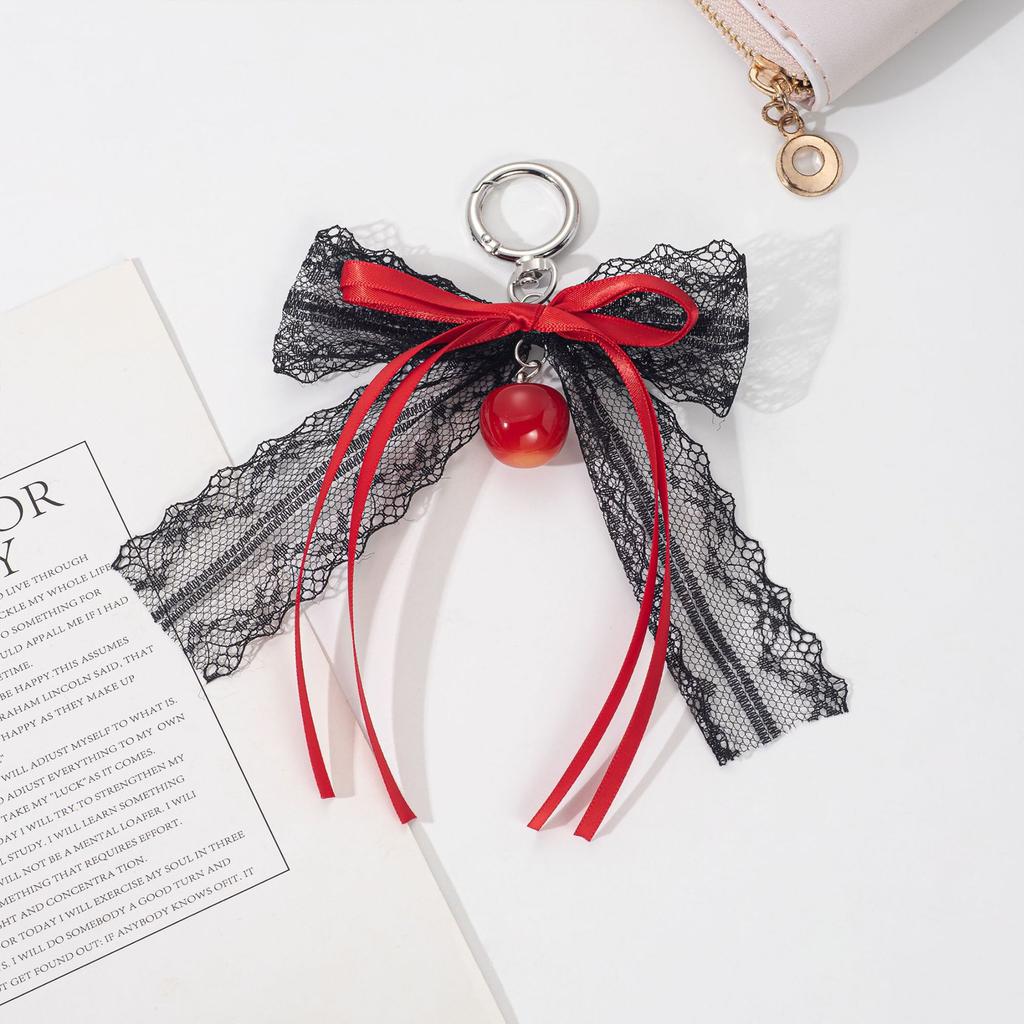 Krajková mašle klíčenka dutá červená stuha třešeň Y2k batoh přívěsek na klíče dárek k Valentýnu doplňky