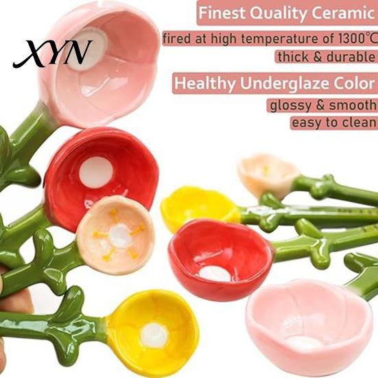 Coffee And Tea Measuring Spoons 4Pcs Flower Set, Ceramic Nesting Cups with Stand, Pot Spoon Set Cute Kitchen Baking Tool for Tea, Gift Bakers Utensil