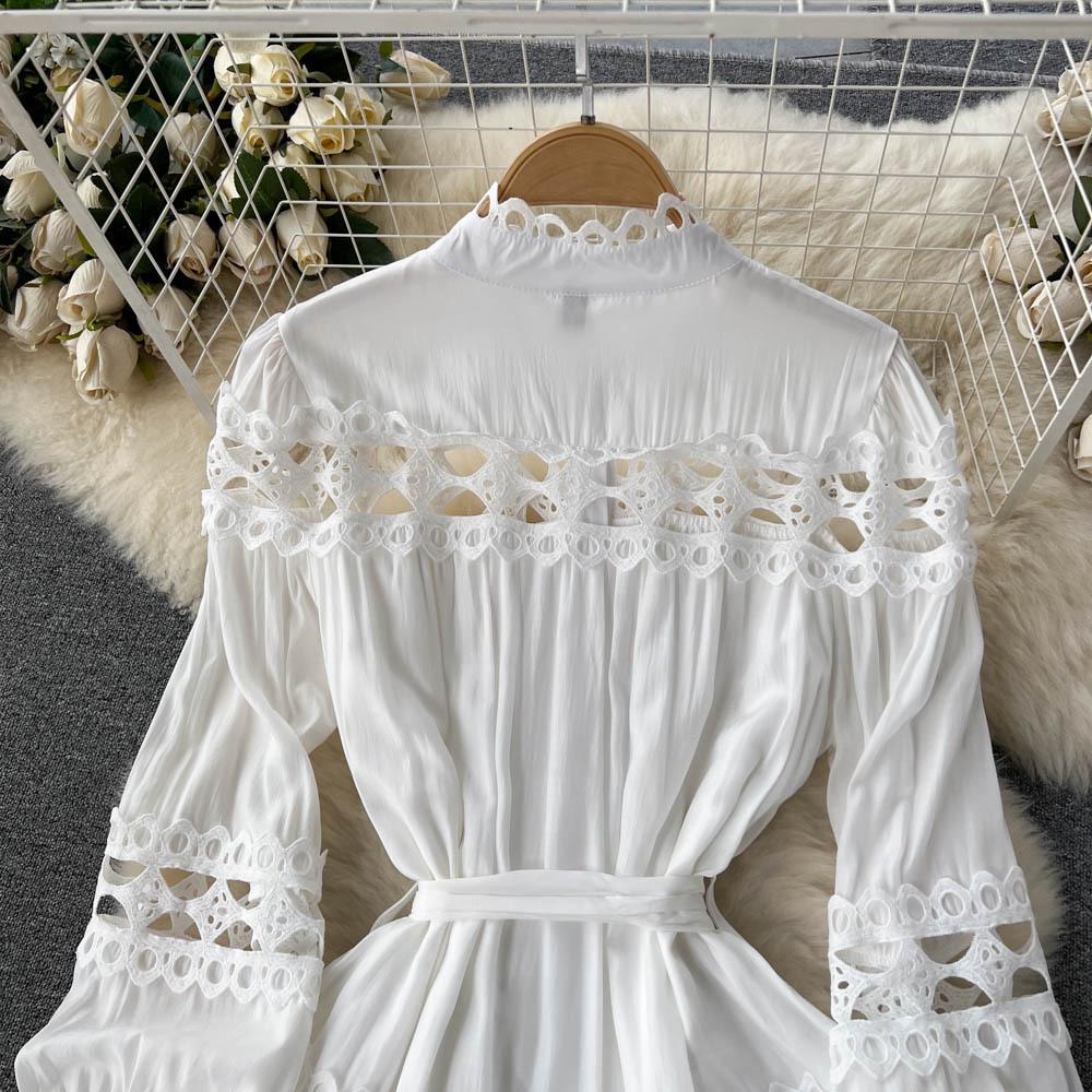 Abiti autunnali A-LINE da donna casual in pizzo vintage primaverile scava fuori maniche lunghe a lanterna monopetto
