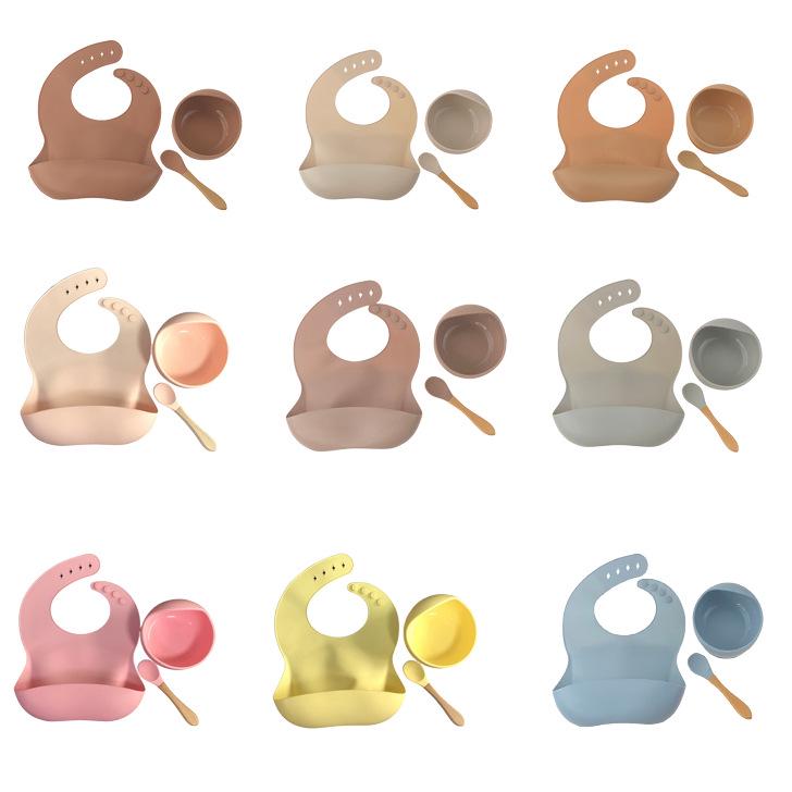 Silicone Bib & Tableware Set: Snail Bowl, Wooden Handle Spoon & Fork - Child Safe 3-Piece Feeding Kit