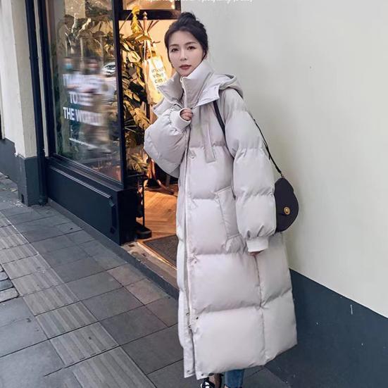 Winter Down Coat Zipper Hooded Solid Color Midi Length Cardigan Keep Warm