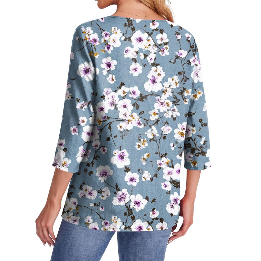 Women's Fashionable Casual Round Neck  3/4 Sleeve  Printed T-Shirt Top